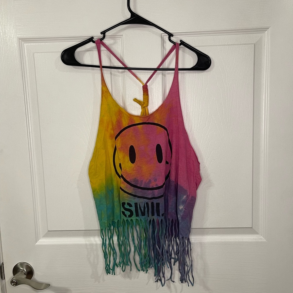 Forever 21 Cropped Fringe Tie Dye Smile Tank Top
